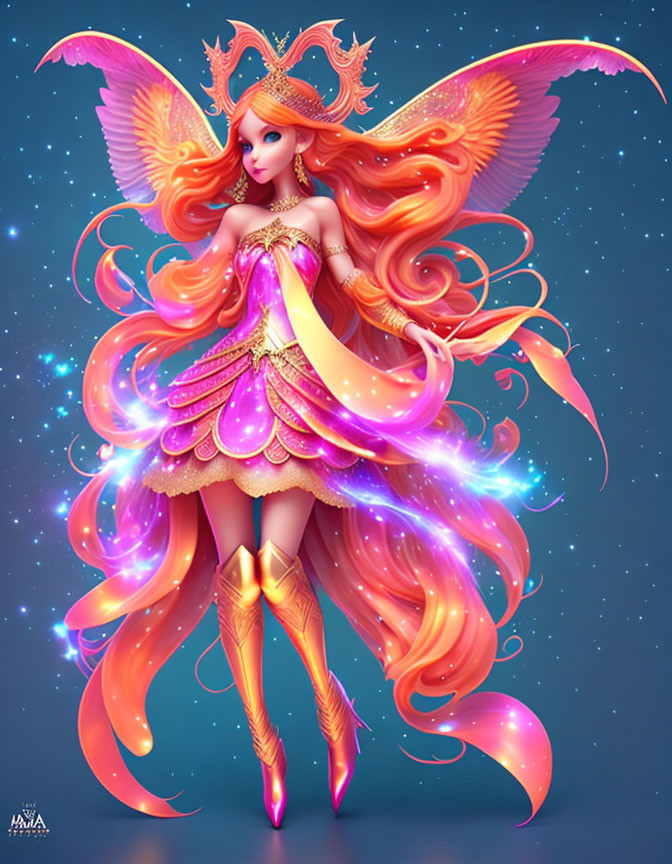 Fantasy character with orange and pink wings, ornate crown, and glowing attire on starry background