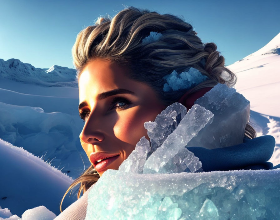 Styled woman gazes at snowy mountains under clear skies