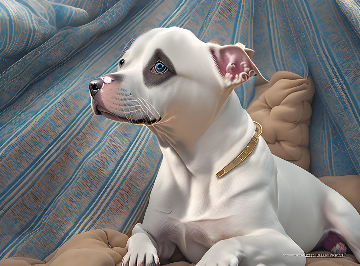 White Dog with Heterochromia on Quilted Bed with Gold Collar