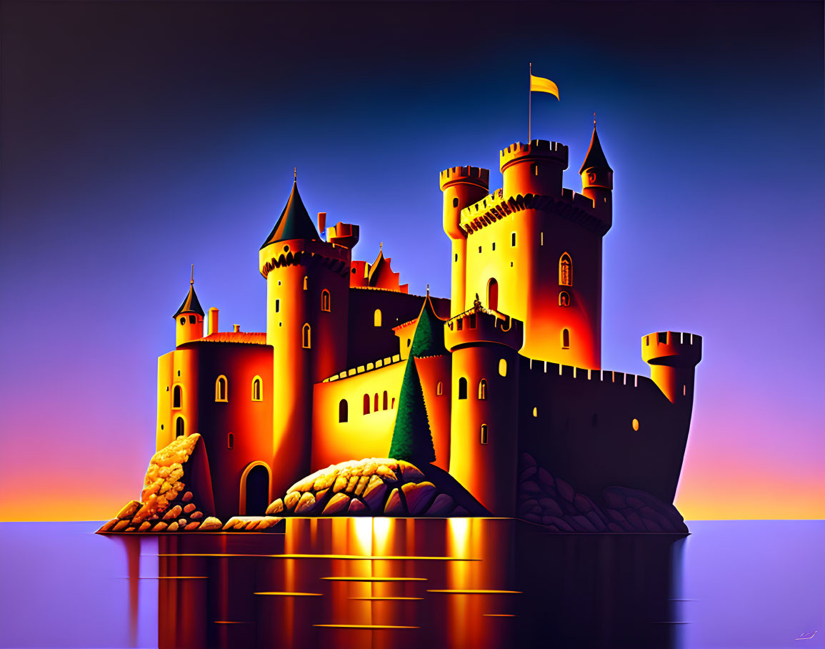 Vibrant castle with multiple towers and turrets on an island at sunset