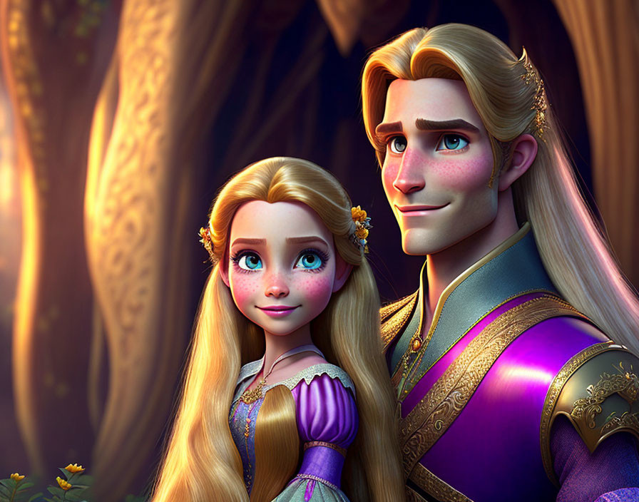 Golden-haired male and female animated characters stand together in a sunlit forest