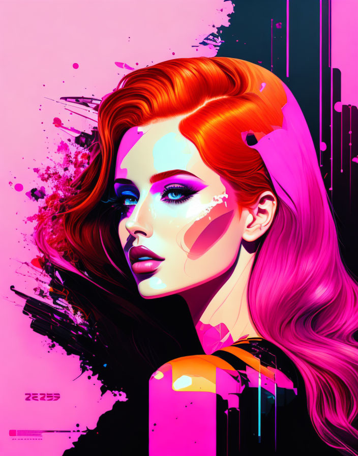 Colorful digital art portrait: Woman with neon pink hair and bold makeup on vibrant pink backdrop