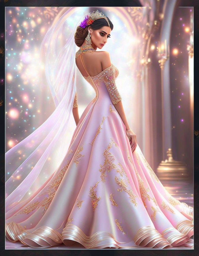 Luxurious pink ball gown illustration with golden embroidery on magical background