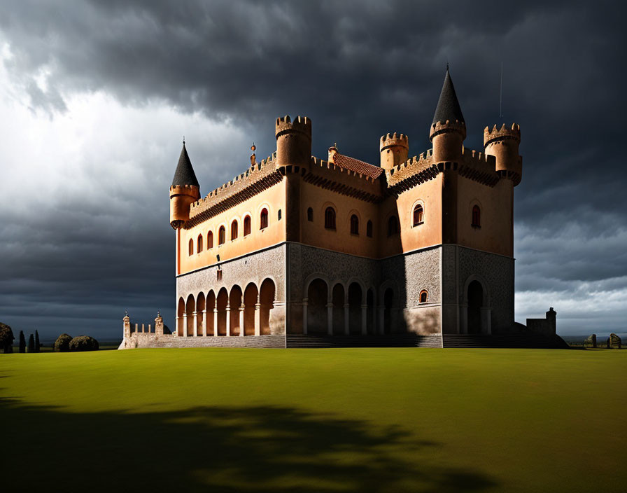 Majestic castle illuminated against dramatic sky