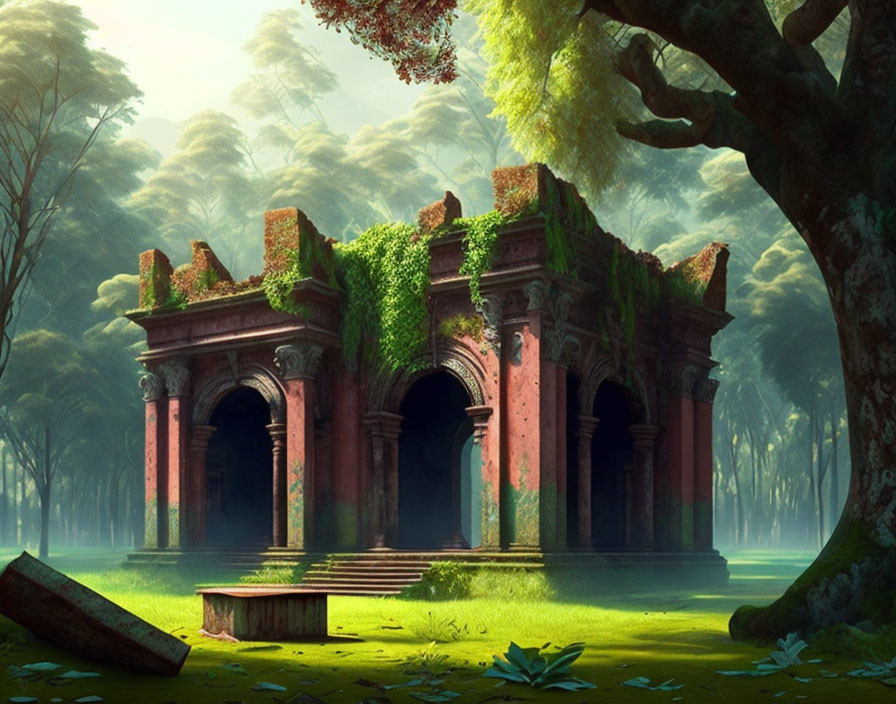 Vine-covered temple ruins in mystical forest with tall trees