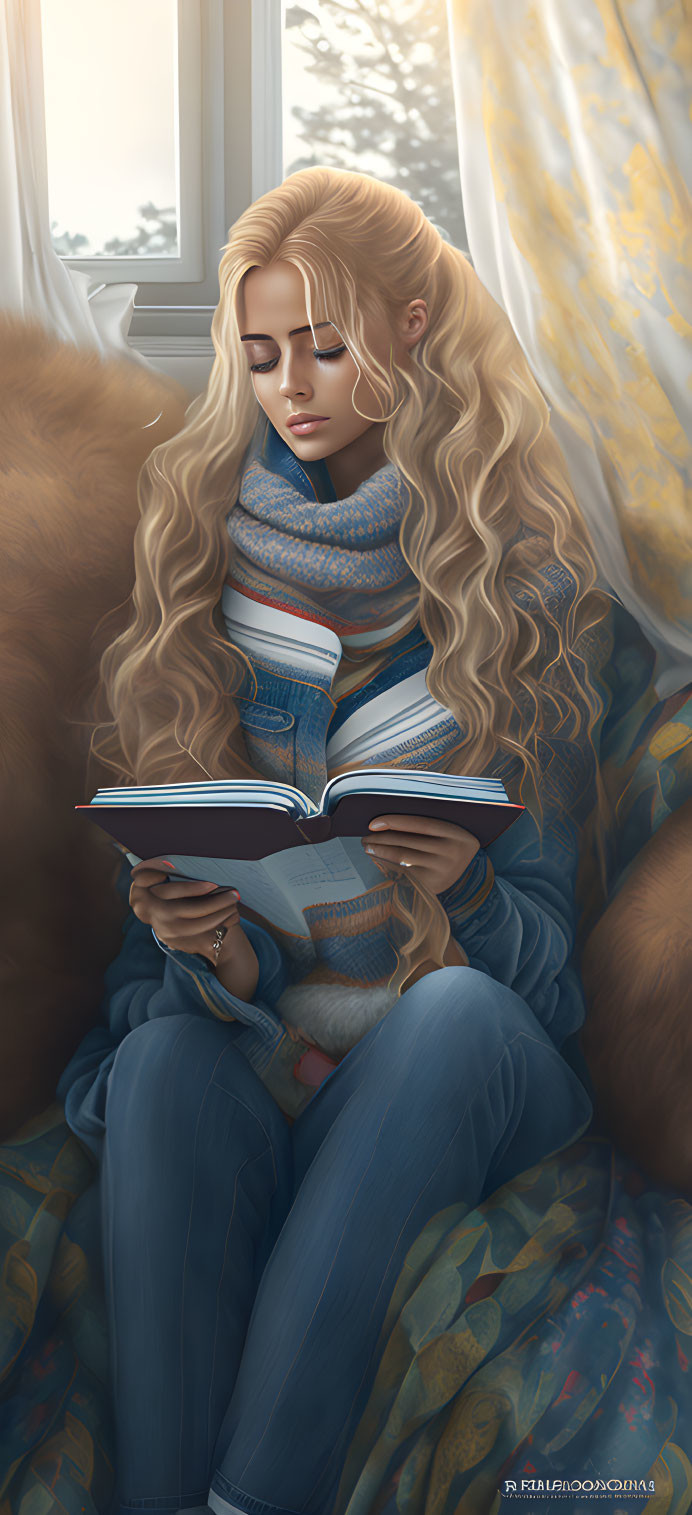 Illustration of woman with long blonde hair reading by window