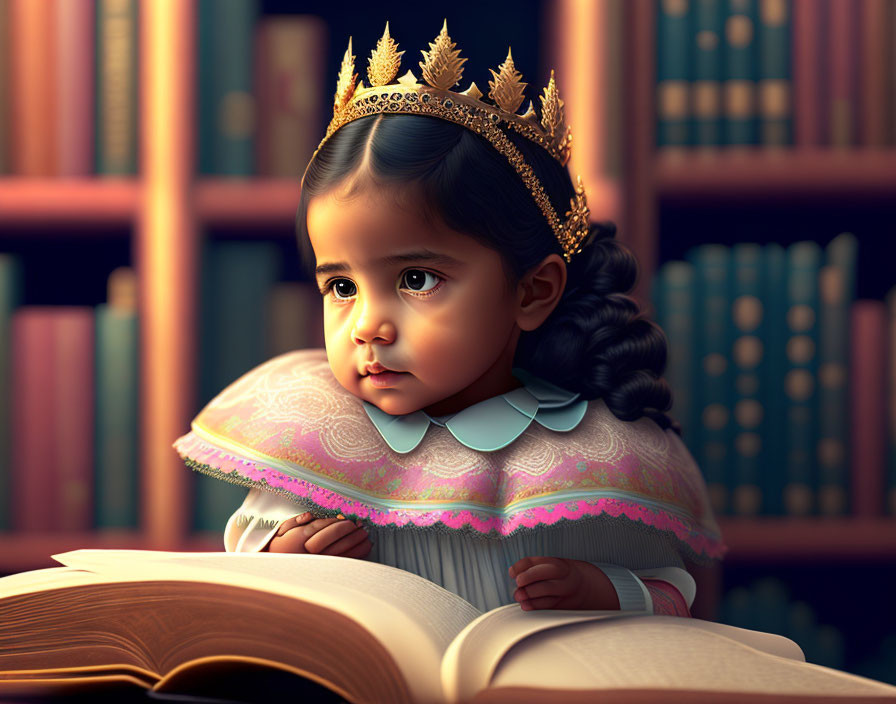 Child wearing crown gazes at open book in library