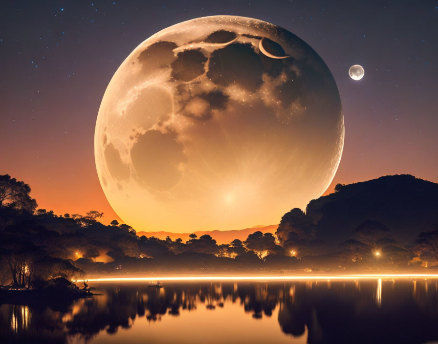 Surreal image: oversized moon over tranquil lake