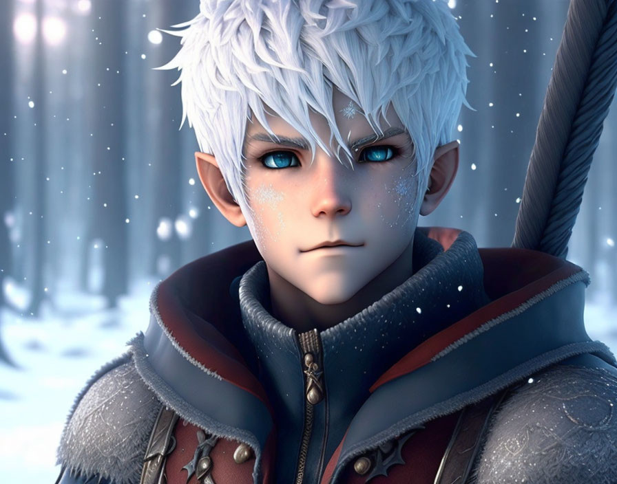 Young character with white hair and snowflakes, dressed in winter attire.