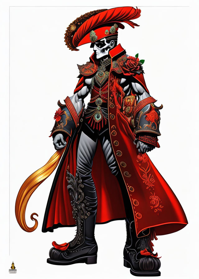 Elaborate red and black military uniform with roses and feathered hat