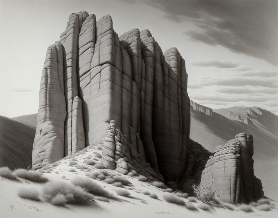 Monochrome desert landscape with tall rock formations and textured sand