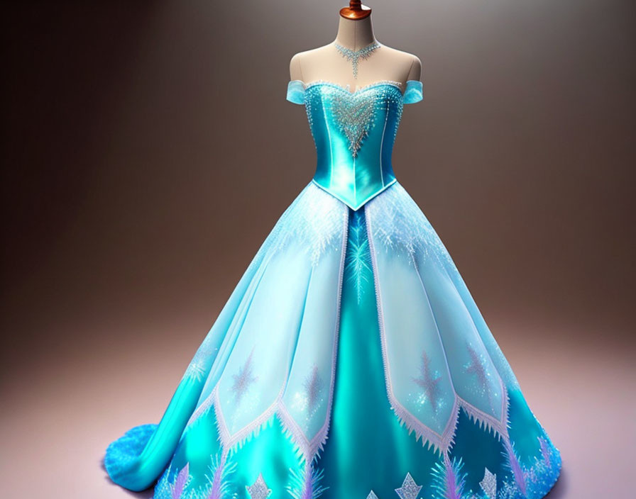 Mannequin showcases elegant blue ball gown with corset top and snowflake patterns