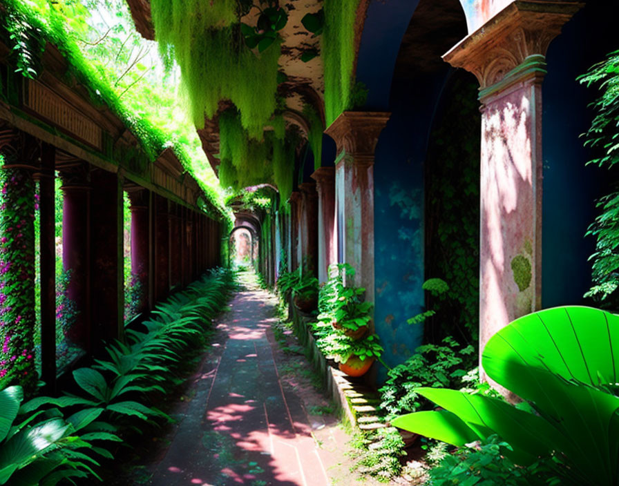 Abandoned arcade with lush green vines and deteriorating columns