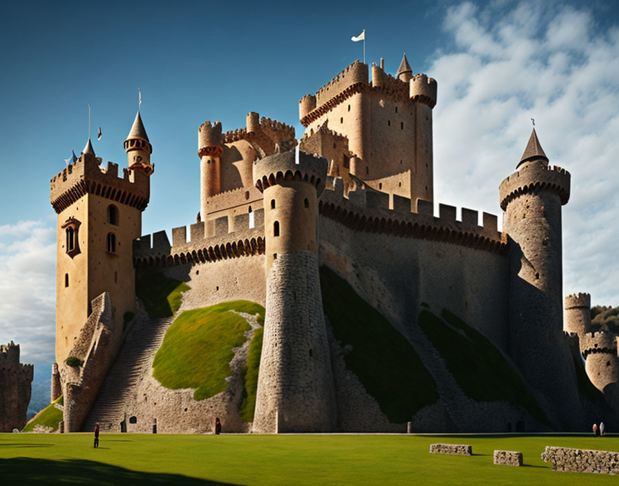 Majestic castle with towers, turrets, stone staircase, and green lawn