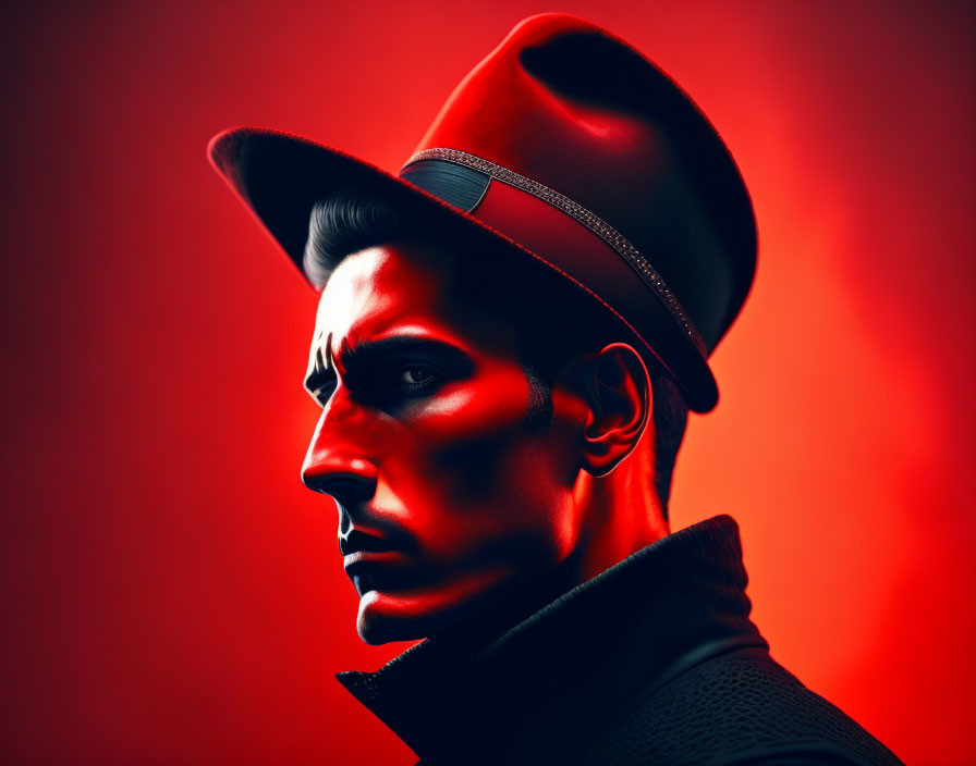 Dramatic red-lit portrait of a man in fedora hat, sharp profile features