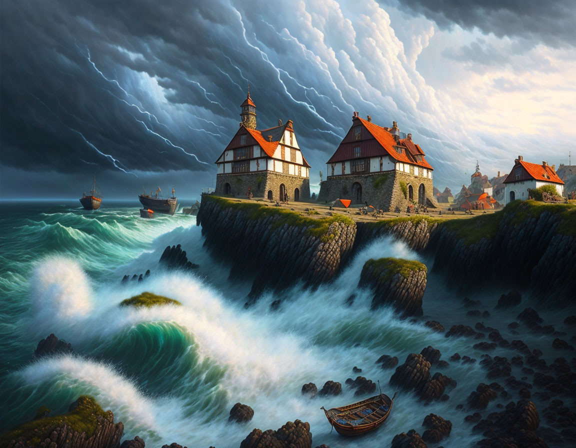 Stormy Coastal Scene: Waves, Boats, Village with Red Roofs