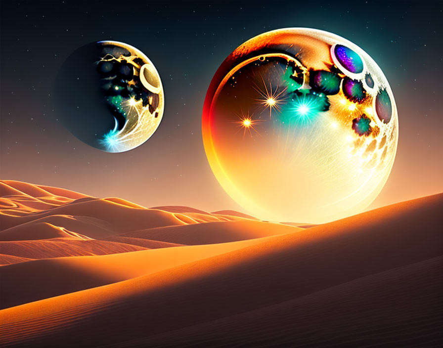 Vibrant surreal desert landscape with fantastical planets