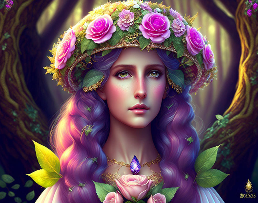 Digital Art Portrait of Woman with Purple Hair and Floral Crown: Fantasy Theme