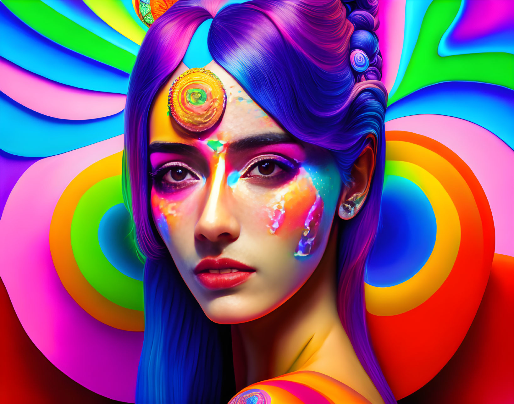 Colorful digital artwork featuring woman with vibrant makeup and hair on swirling background