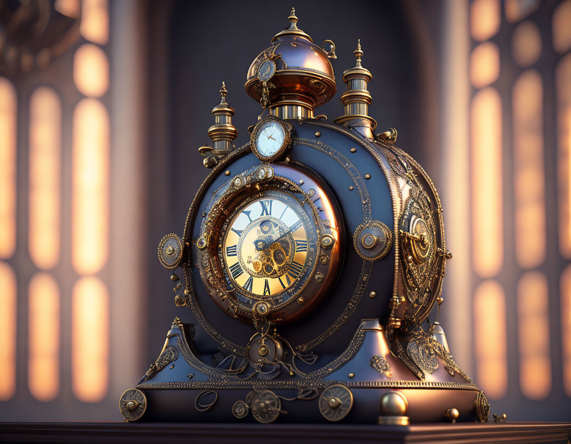 Intricate golden gears on luxurious steampunk-style clock