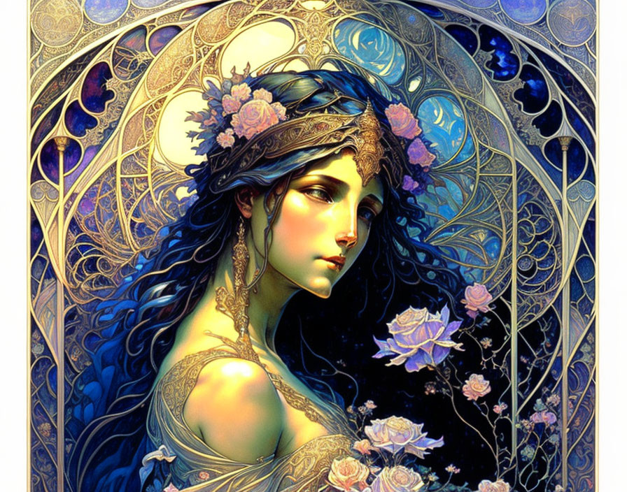 Art Nouveau-style illustration of a woman with blue hair and floral accents in intricate background.