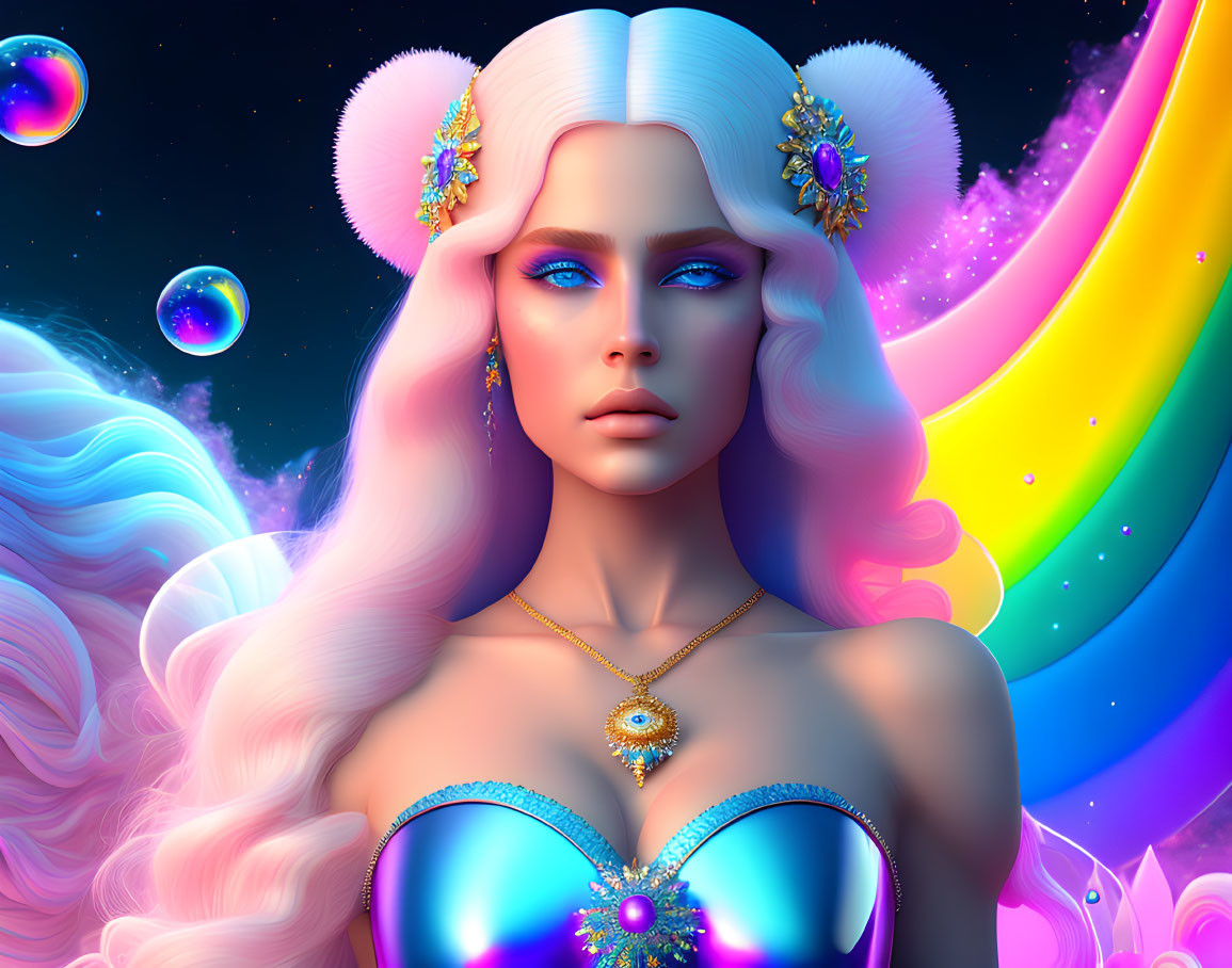 Portrait of woman with blue eyes, white hair, jewels, in cosmic setting