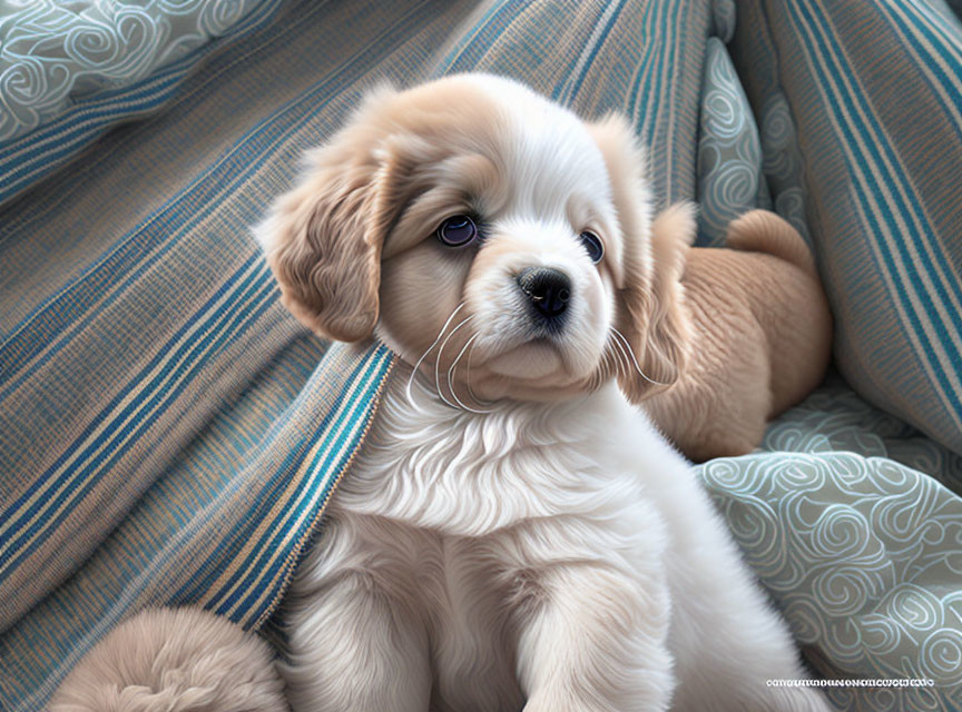 Beige Puppy Resting Among Striped Cushions