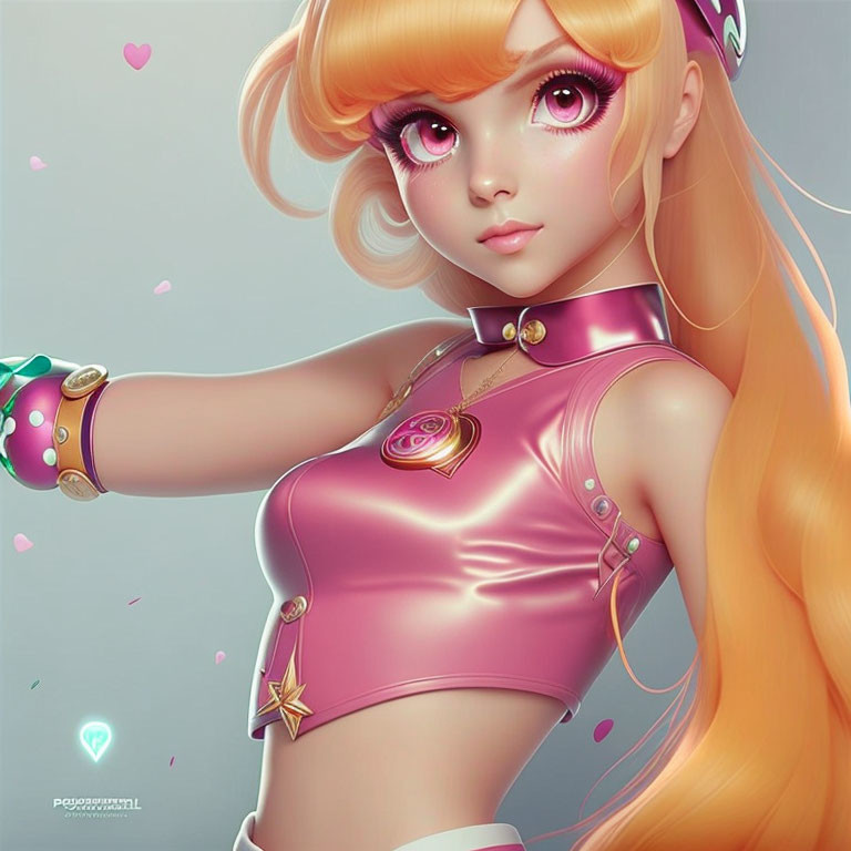 Digital artwork: Girl with pink eyes, orange hair, heart top & futuristic accessories