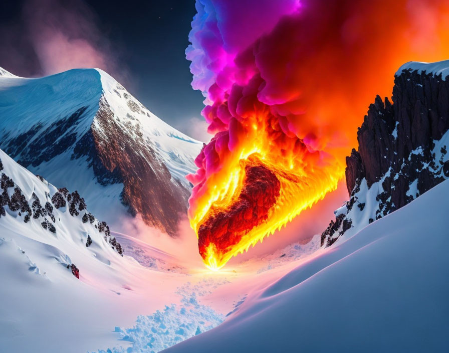 Surreal mountain emitting colorful smoke in snowy landscape