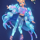 Digital illustration of young girl as fantasy princess in blue and purple attire on dark blue backdrop