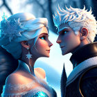 Fantasy-themed animated characters in icy blue motifs on snowy background