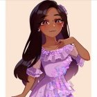 Smiling animated girl with long hair holding a feather in lavender dress