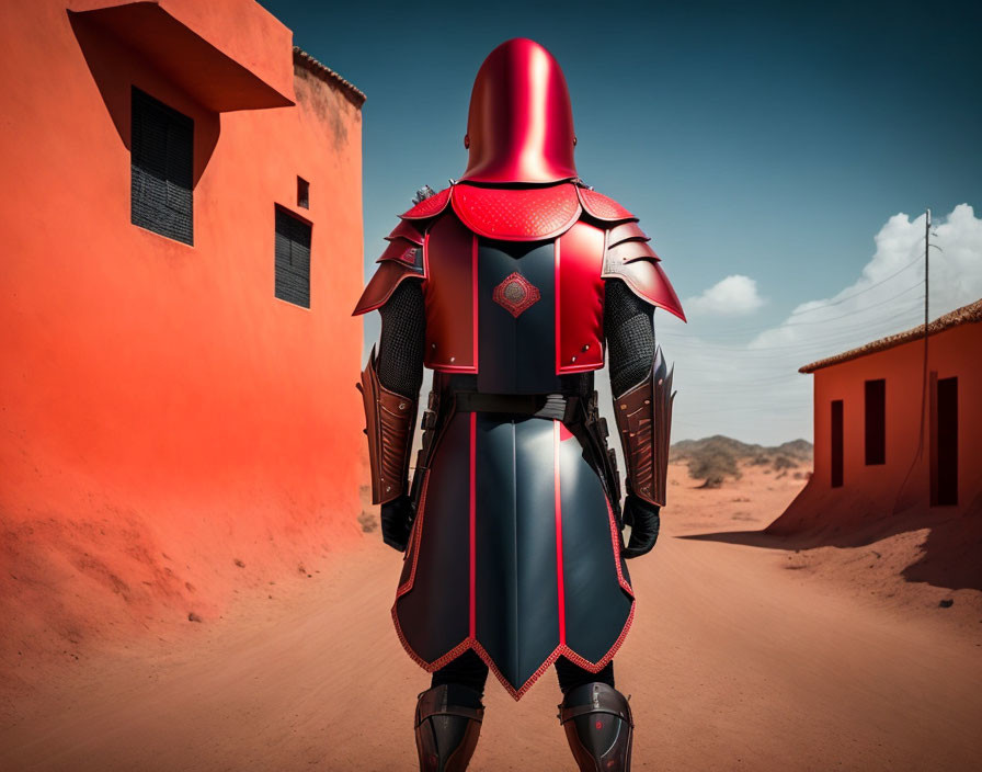 Futuristic red and black armored person in desert village.