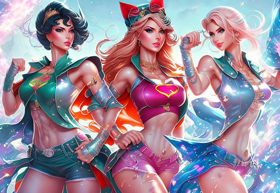 Animated superheroines in retro-futuristic style pose against vibrant backdrop