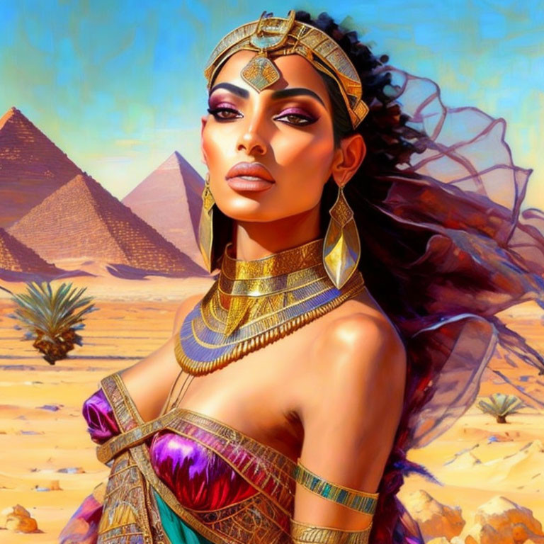 Egyptian queen with traditional jewelry and headdress in front of pyramids and desert