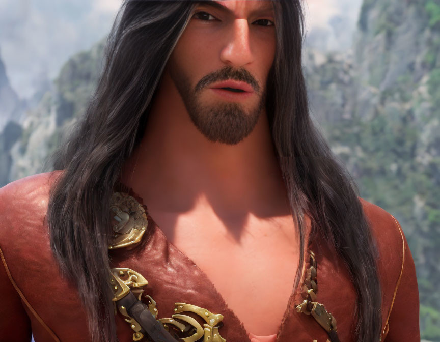 Digital illustration of male character with long black hair and shoulder armor