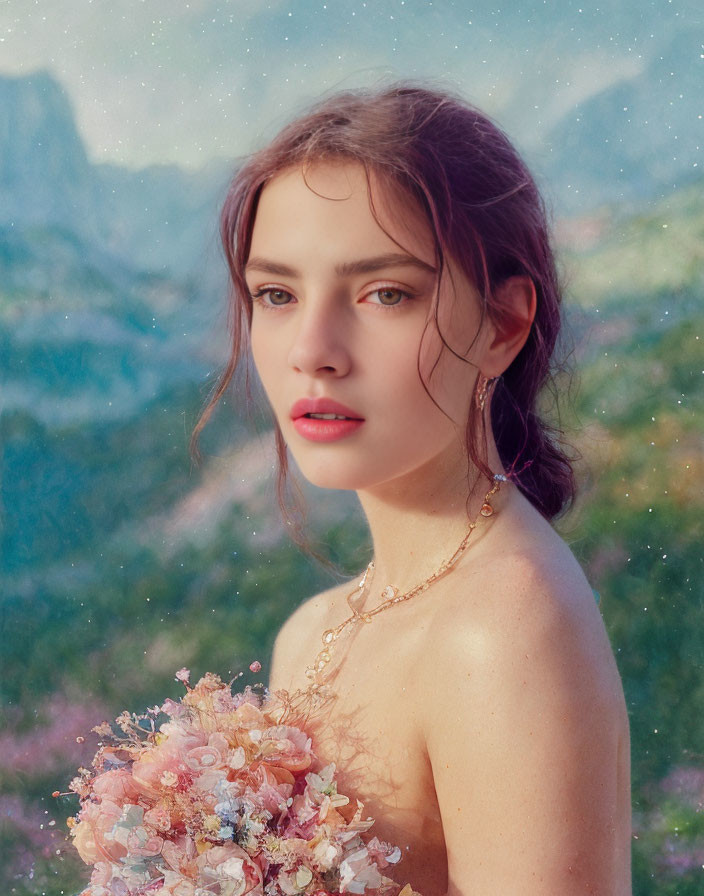 Young woman with flowers bouquet in nature, wearing necklace and loose hair