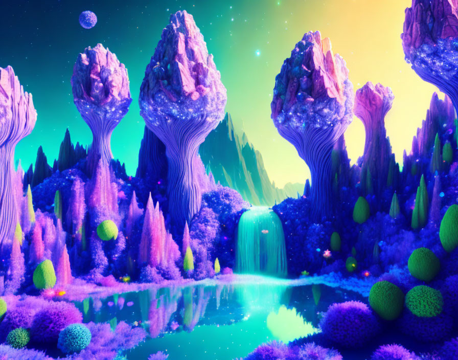 Luminescent Flora and Waterfall in Alien Landscape