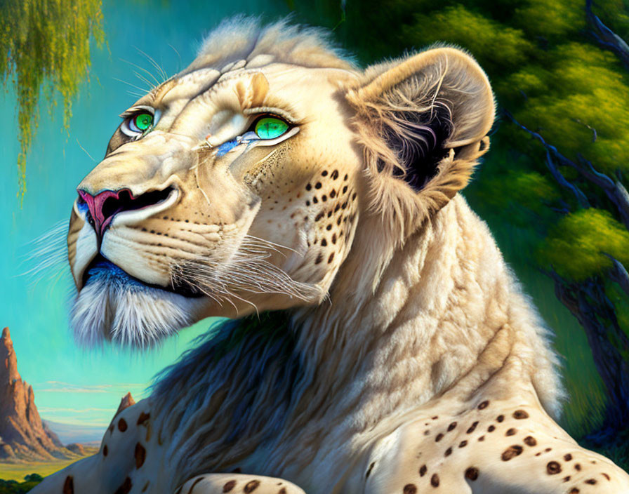 White lion with blue eyes in savannah setting.