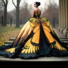 Woman in yellow butterfly-wing gown in blooming garden with sunlight filtering through trees