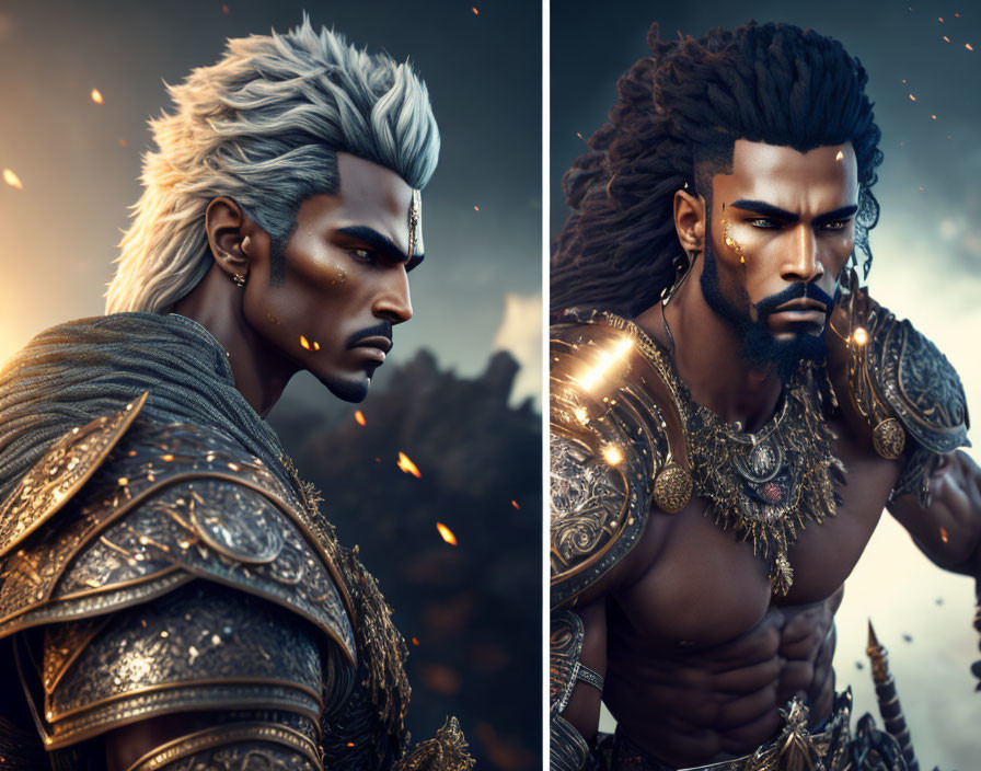 Detailed Fantasy Warrior Characters with Silver and Dark Hair in Silver and Golden Armor