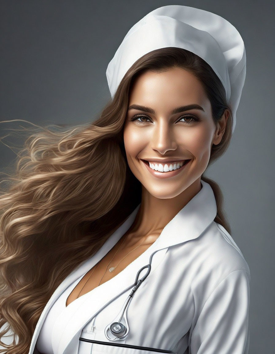 Smiling woman in nurse uniform with stethoscope