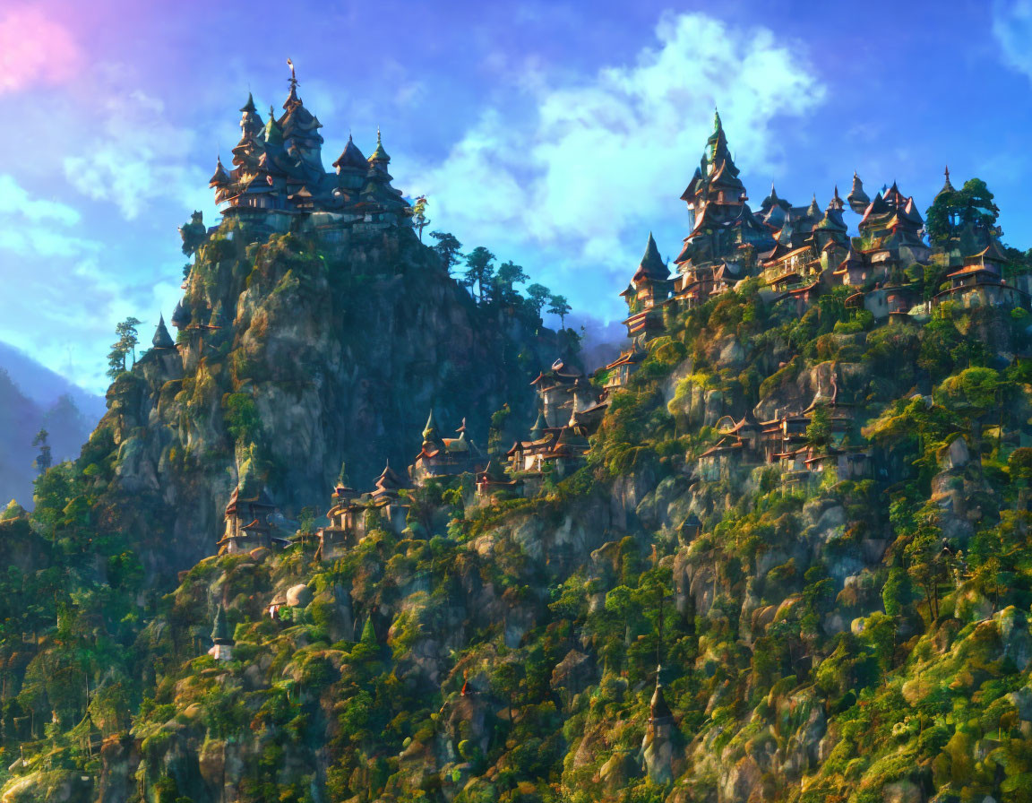 Ethereal mountain landscape with tiered pagoda structures in warm glow