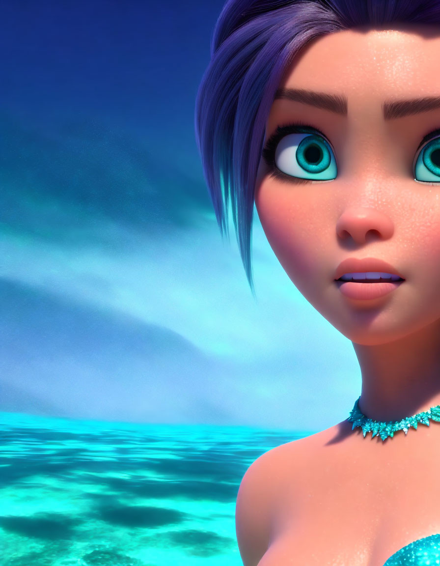 3D-rendered female character with turquoise eyes and blue hair against ocean backdrop