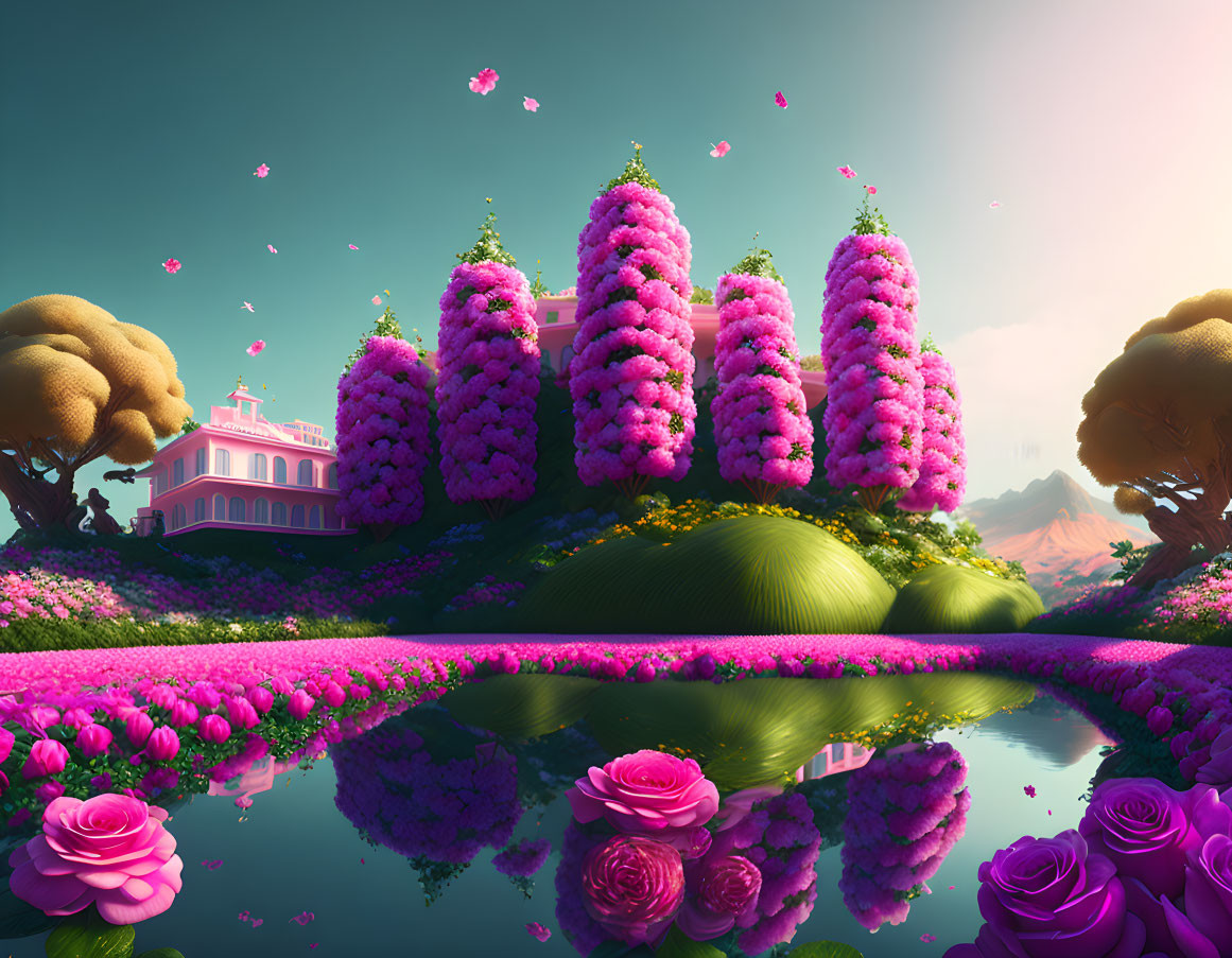 Fantastical landscape with pink floral towers, golden trees, classical building, and reflective water.