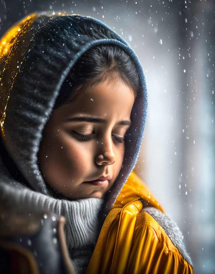 Young child in blue hooded garment and yellow jacket with falling snowflakes