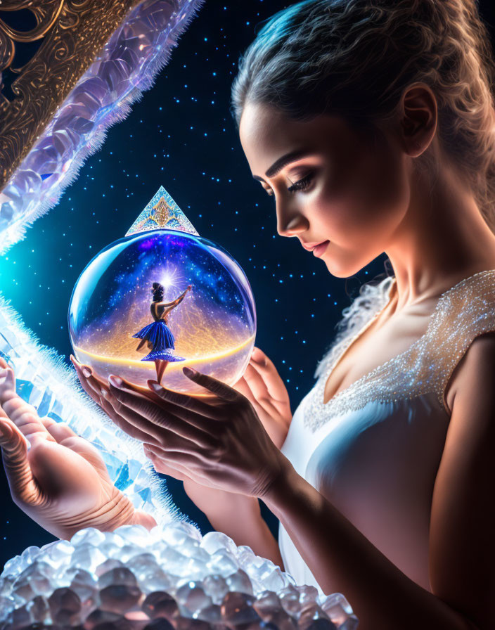 Woman in Shimmering Dress with Crystal Ball and Dancer in Magical Setting