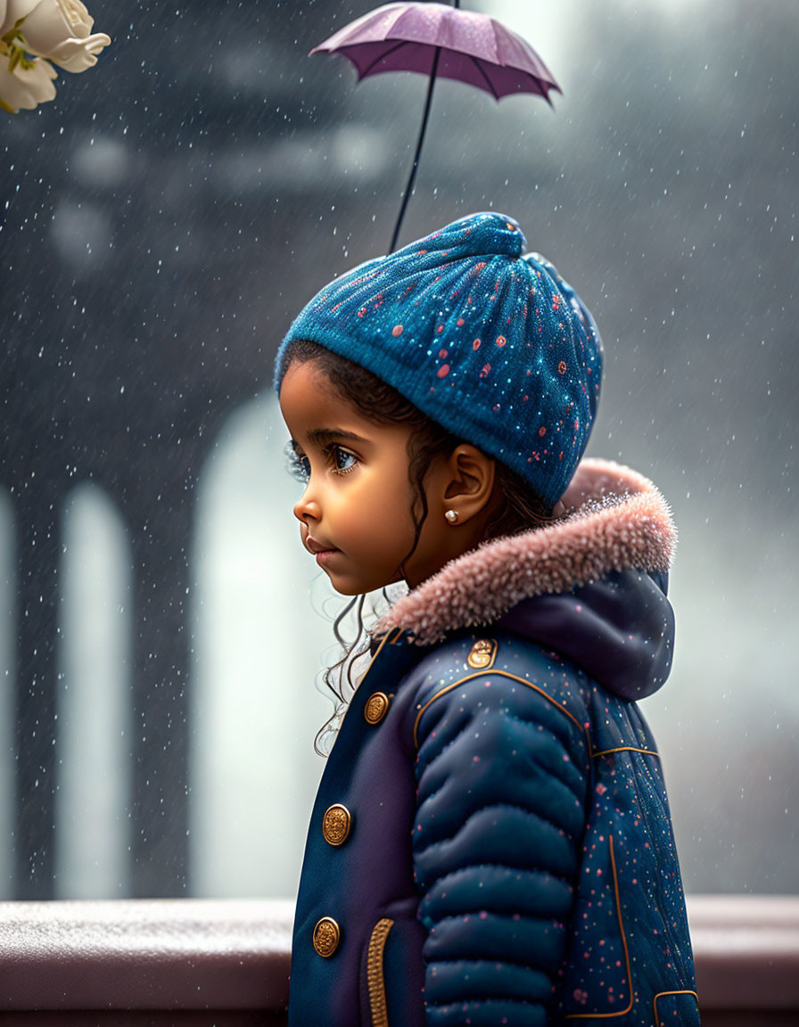 Child in Blue Beanie and Coat with Umbrella in Gentle Rain