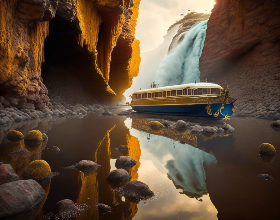Ornate tram-like boat in serene canyon with waterfall & sunlit cliffs