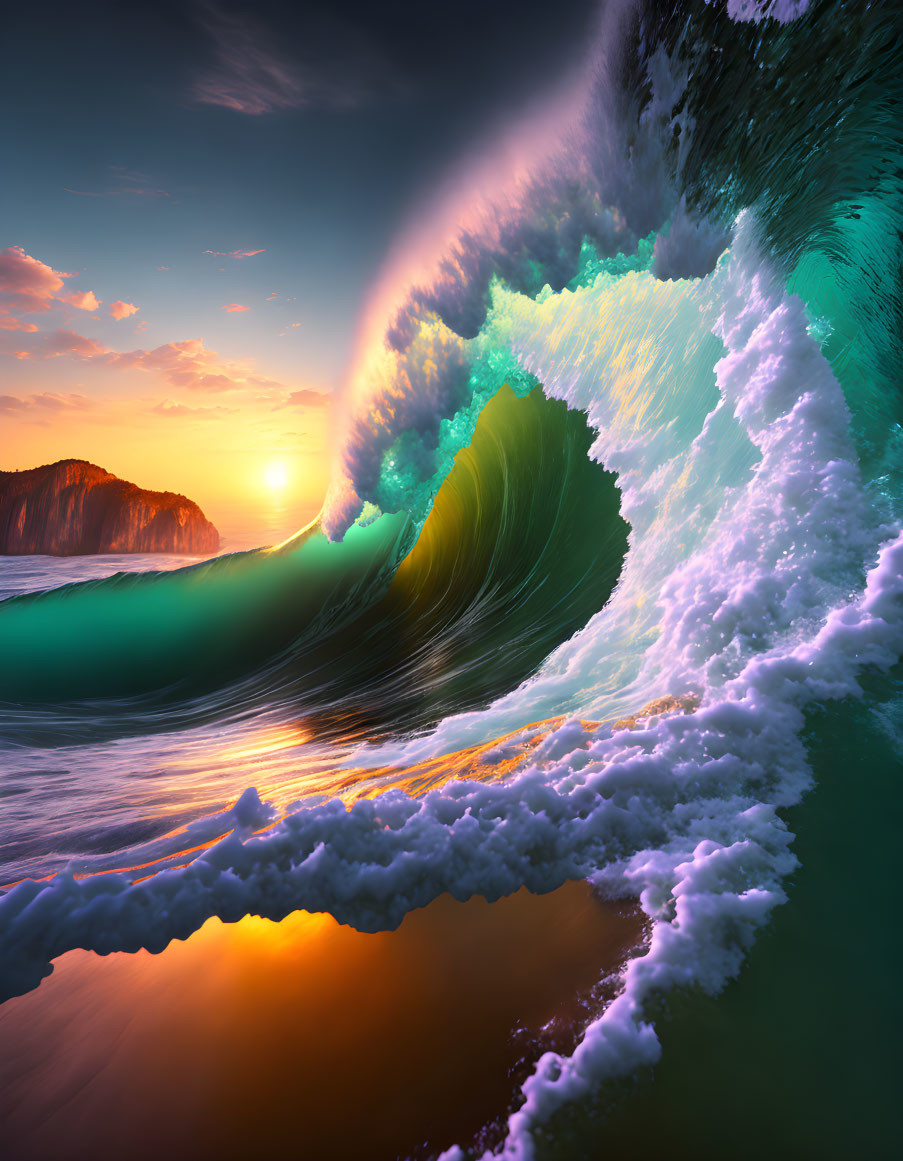 Vibrant sunset beach scene with massive curling wave